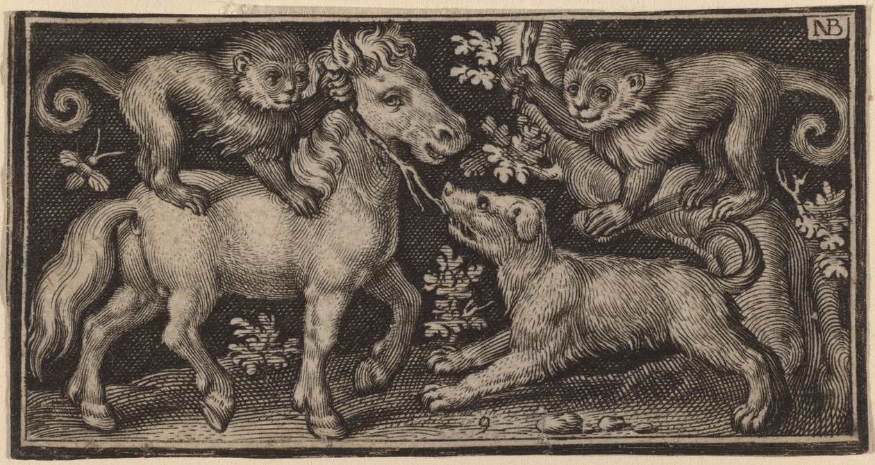 Pferd mit zwei Affen und einem Hund von Nicolaes de Bruyn