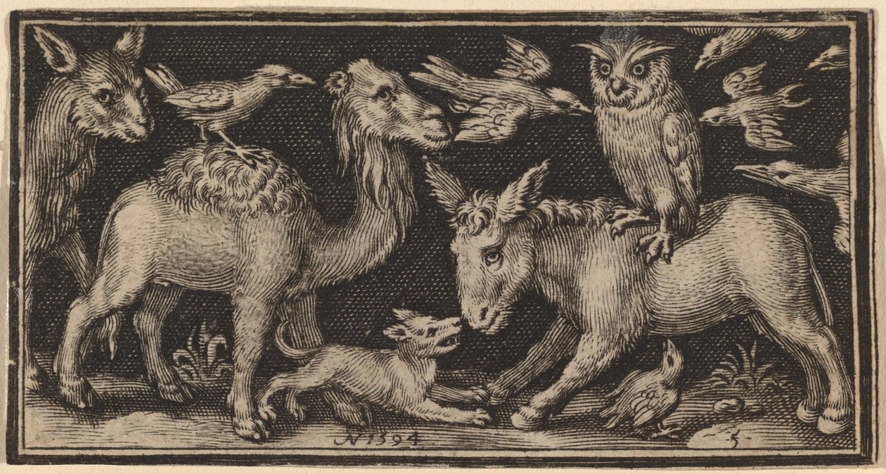 Eule auf dem Rücken eines Esels, Vogel auf dem Rücken eines Kamels mit anderen Tieren von Nicolaes de Bruyn