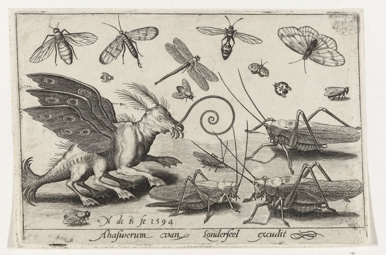 Heuschrecken und Fantasiewesen mit Flügeln und Schwimmhäuten von Nicolaes de Bruyn