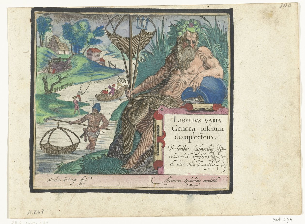Titelblatt mit Titel und Flussgott mit Dreizack und Fischernetz in Landschaft mit Fischern von Nicolaes de Bruyn