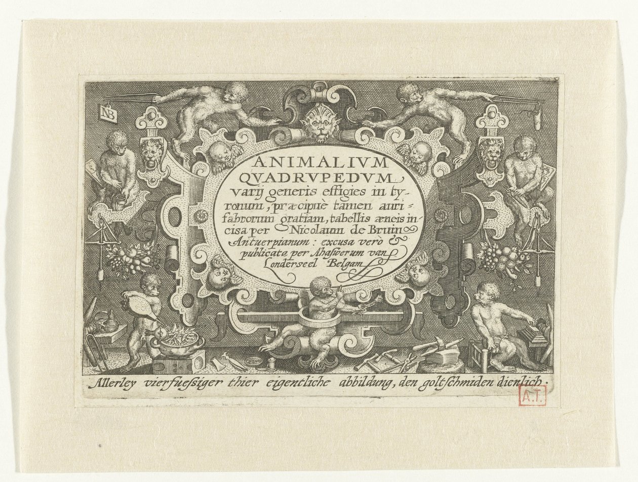 Titelblatt mit Titel in Kartusche, umgeben von arbeitenden Affen als Goldschmiede von Nicolaes de Bruyn
