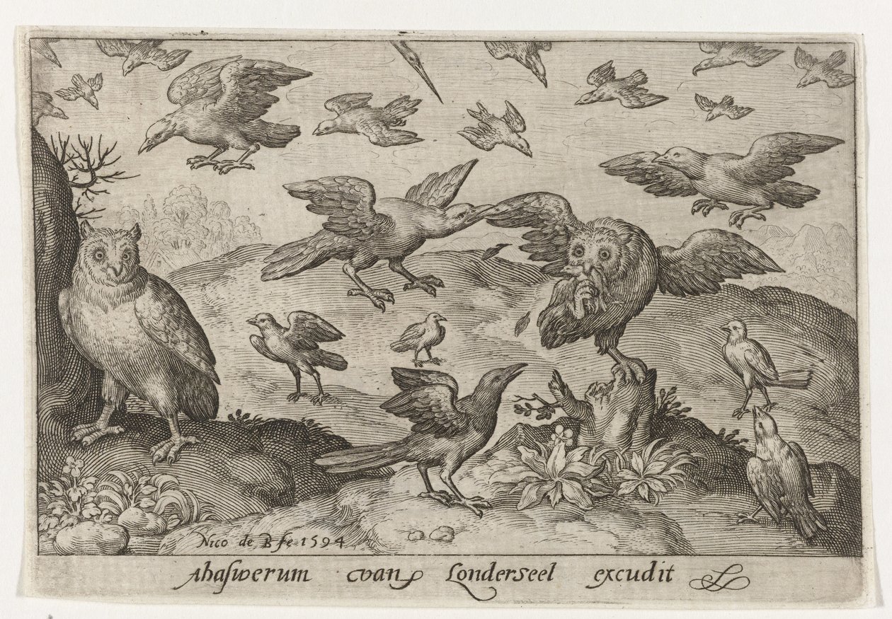 Eule mit Beute, bedrängt von anderen Vögeln von Nicolaes de Bruyn
