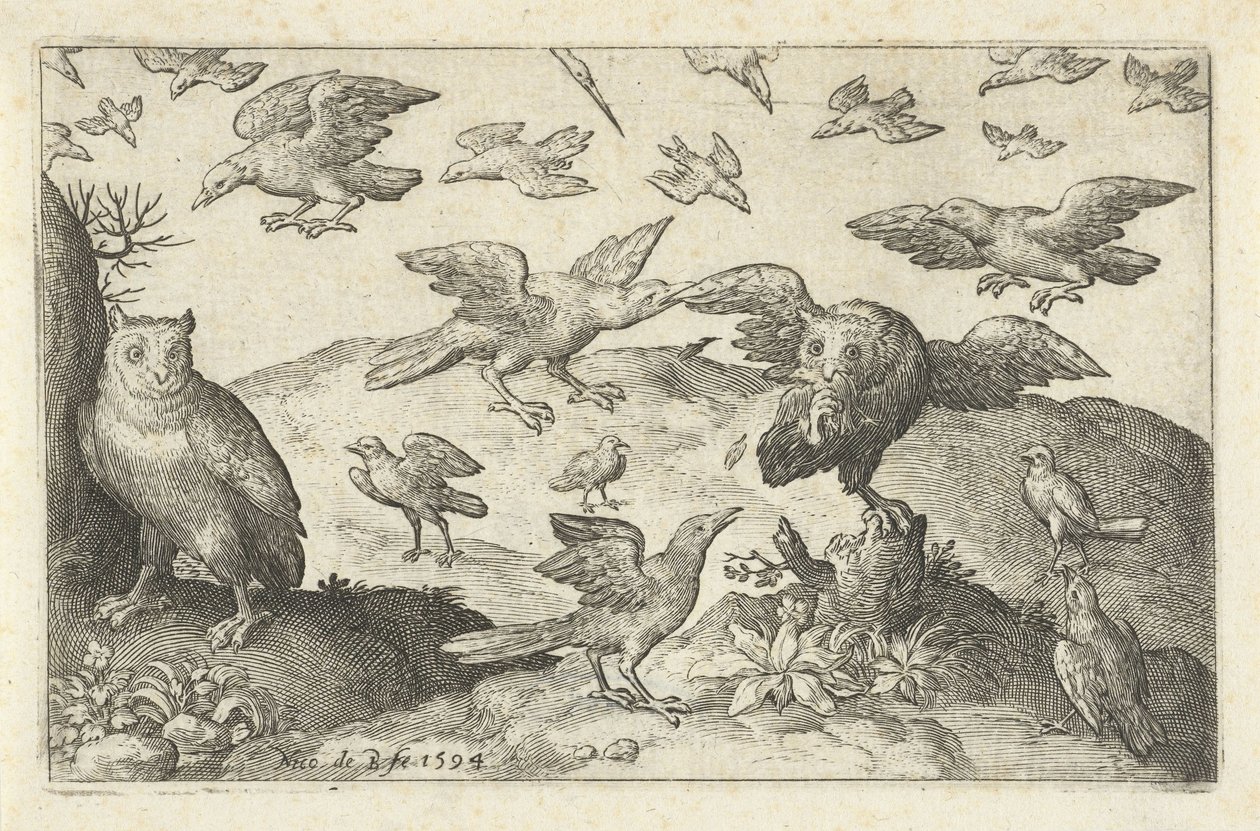 Uil met prooi belaagd door andere vogels von Nicolaes de Bruyn