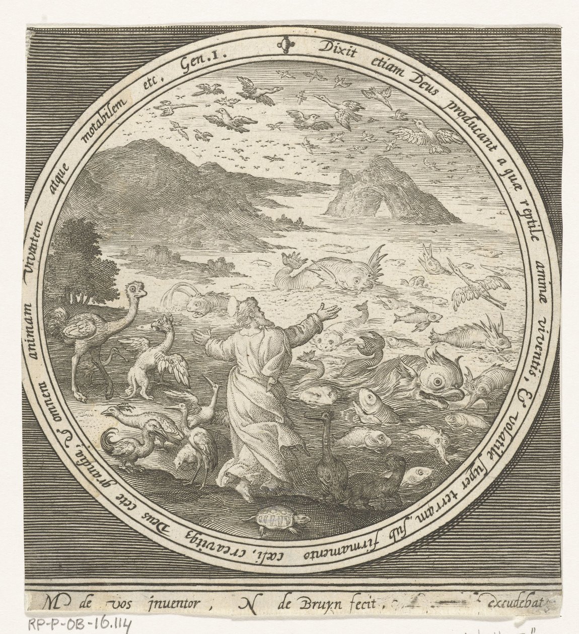 Fünfter Tag der Schöpfung: Gott erschafft Fische und Vögel von Nicolaes de Bruyn
