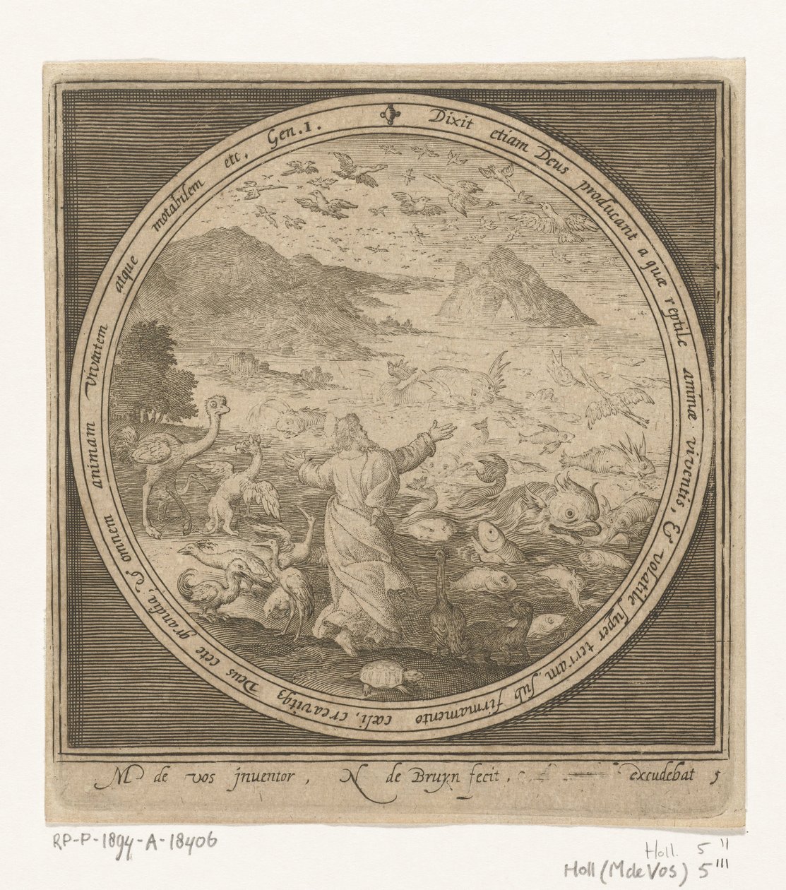 Fünfter Tag der Schöpfung: Gott erschafft Fische und Vögel von Nicolaes de Bruyn