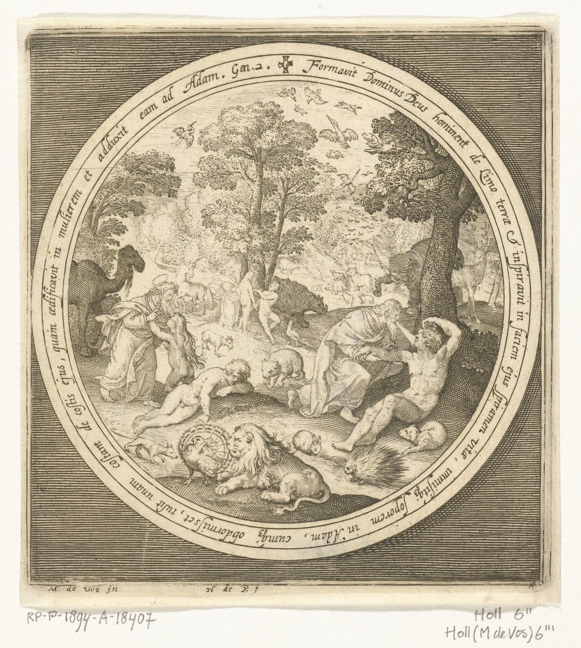 Sechster Tag der Schöpfung: Gott erschafft die Tiere und Adam und Eva von Nicolaes de Bruyn