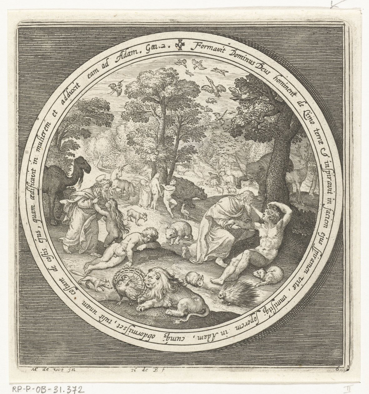 Sechster Tag der Schöpfung: Gott erschafft die Tiere und Adam und Eva von Nicolaes de Bruyn