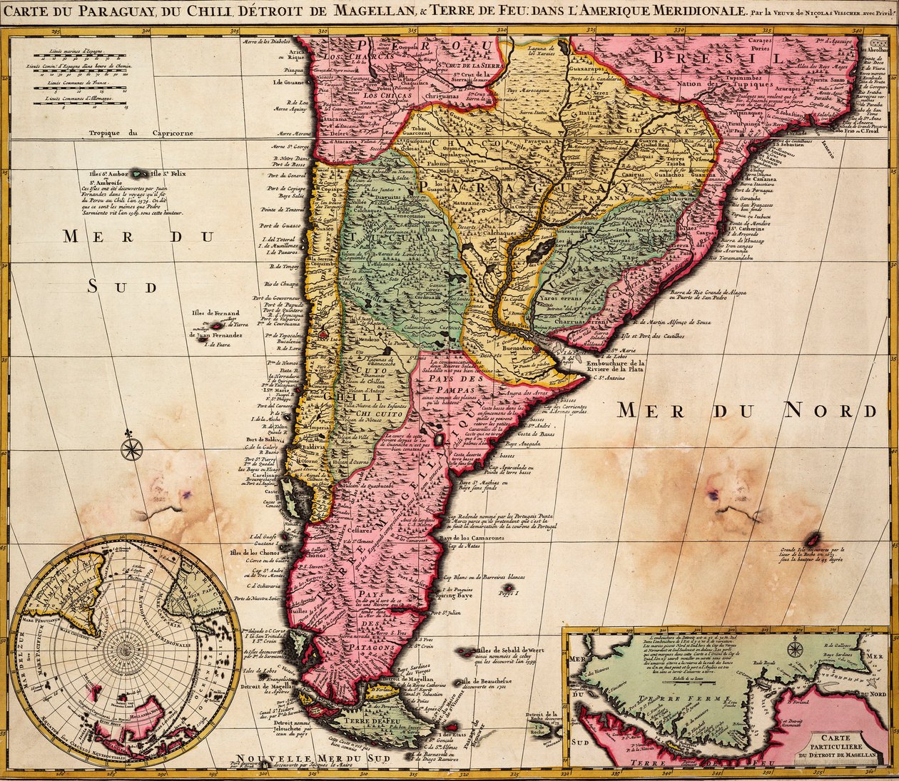 Karte von Paraguay, Chile, Magellanstraße und Feuerland in Südamerika, ca. 1720 (farbige Gravur) von Nicolaes the Younger Visscher