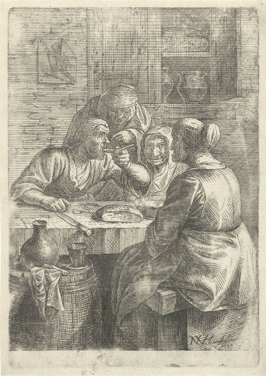 Drei alte Frauen essen an einem Tisch von Nicolaes van Haeften