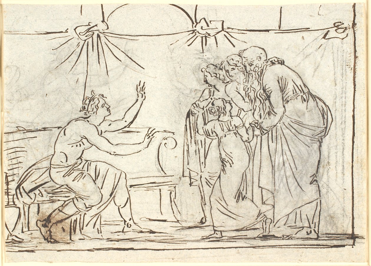 Antike Szene. Ein sitzender gekrönter Held spricht zu einer Gruppe von vier Figuren, darunter ein kleines Mädchen und ein alter Mann von Nicolai Abildgaard