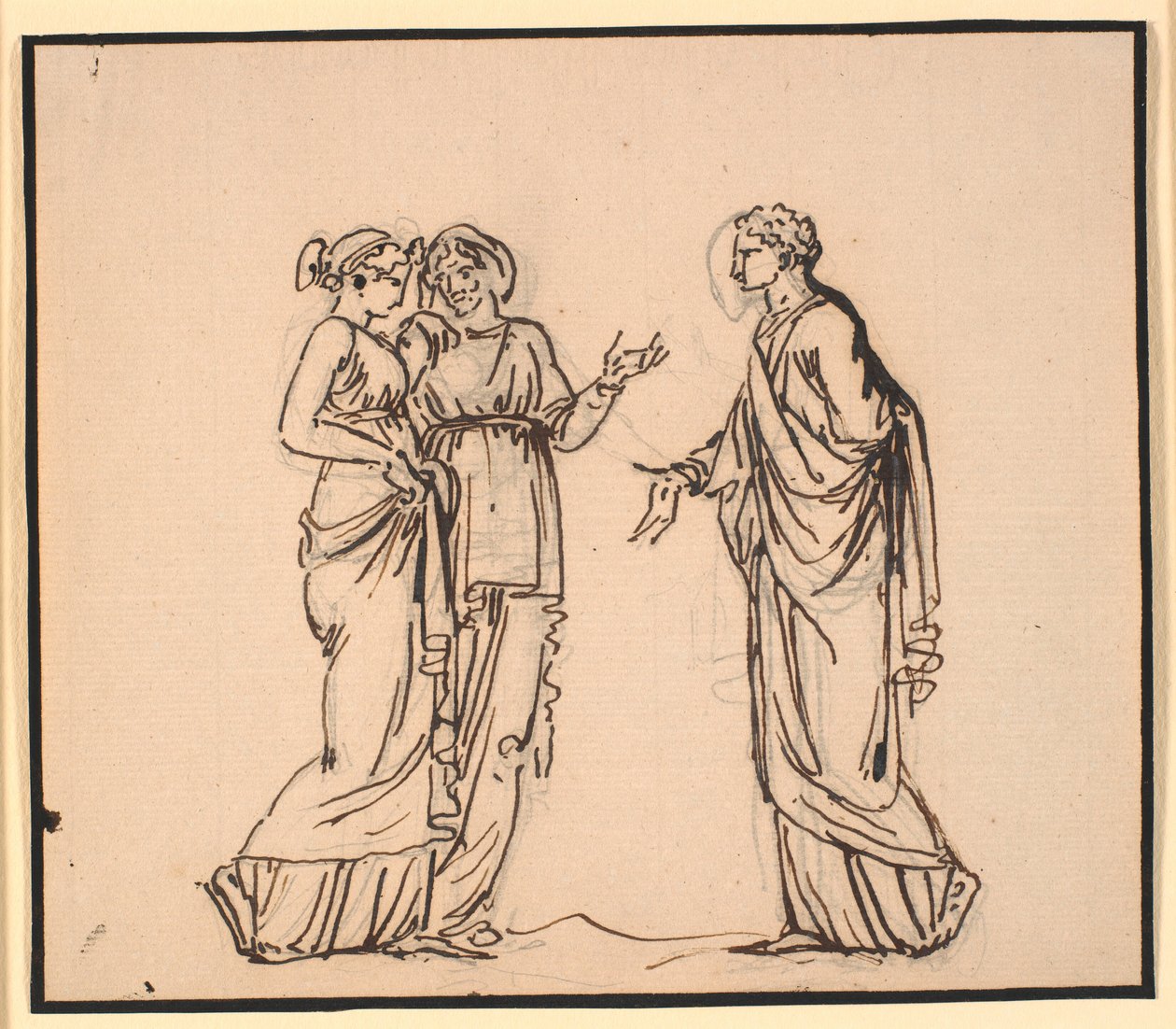 Antike Szene mit drei Figuren, ein Mann spricht mit zwei Frauen von Nicolai Abildgaard