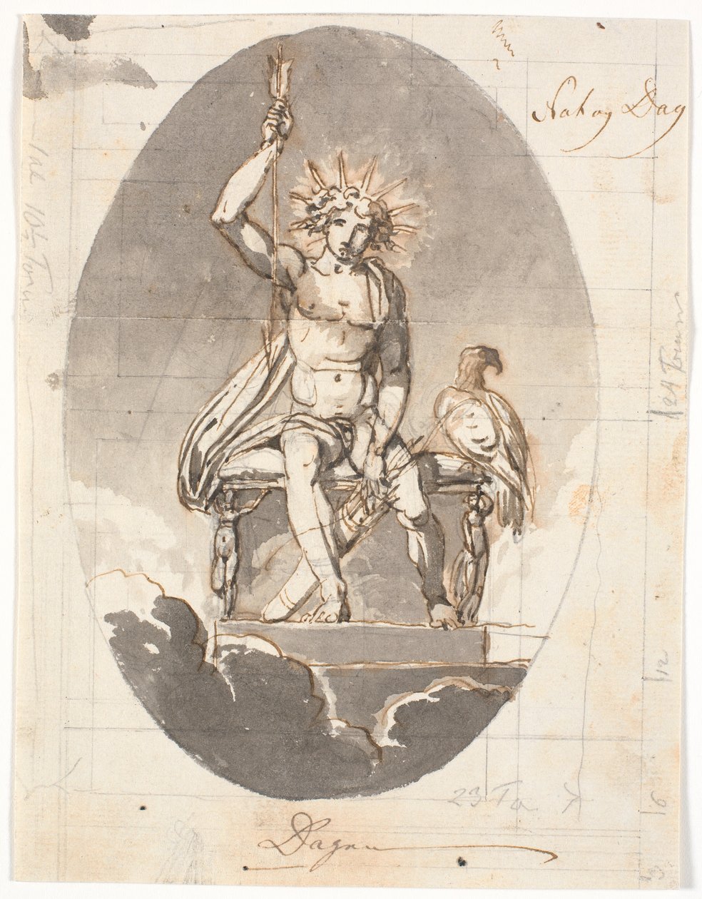 Der Tag, sitzender Mann mit strahlendem Heiligenschein und Pfeilen von Nicolai Abildgaard