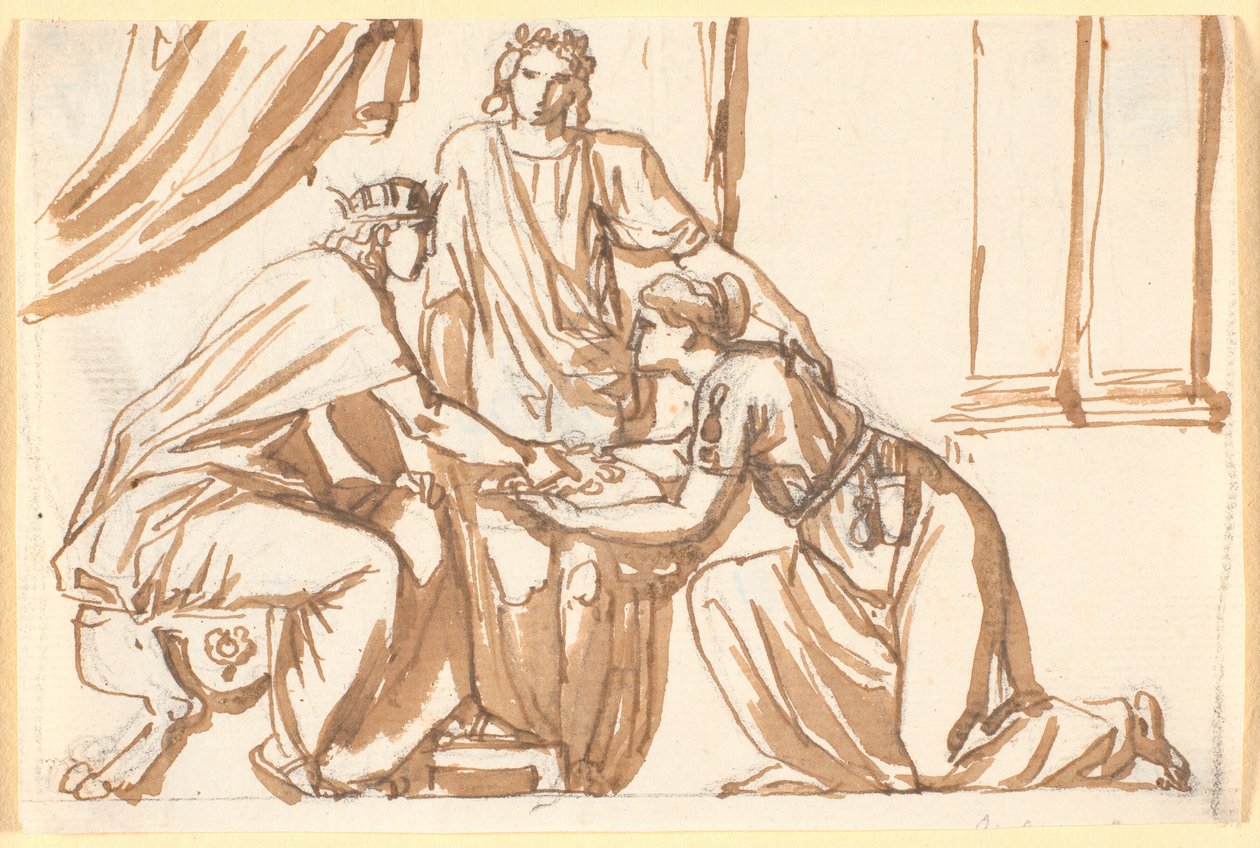 Ein König erhält einen Kranz von einer knienden Frau von Nicolai Abildgaard