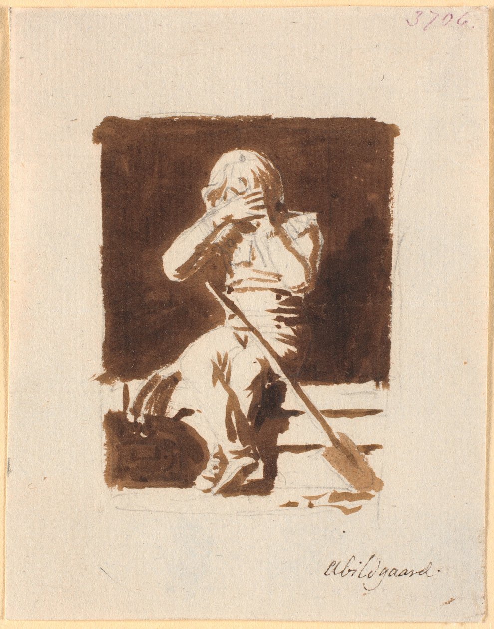 Ein kleiner weinender Junge, der mit einem Spaten oder Ruder am Rand eines Bootes sitzt (?) von Nicolai Abildgaard
