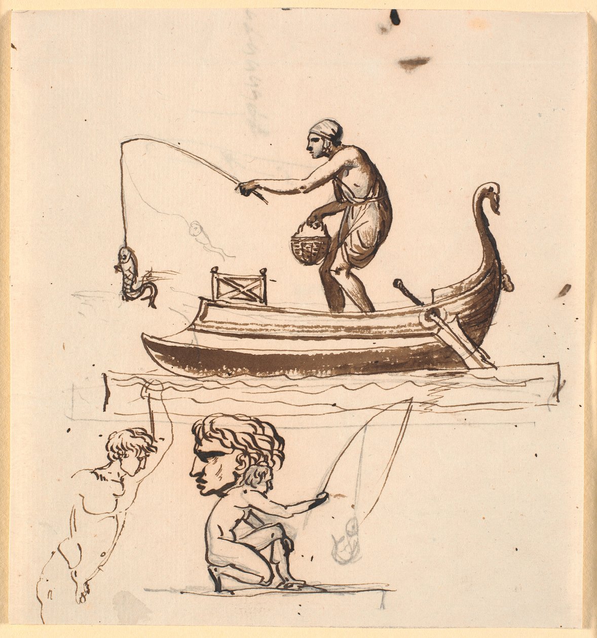 Ein Mann in einem Boot, der einen Fisch an einer Schnur hochzieht. Darunter eine Skizze eines Fischers, ein Kopf und ein nackter Mann von Nicolai Abildgaard