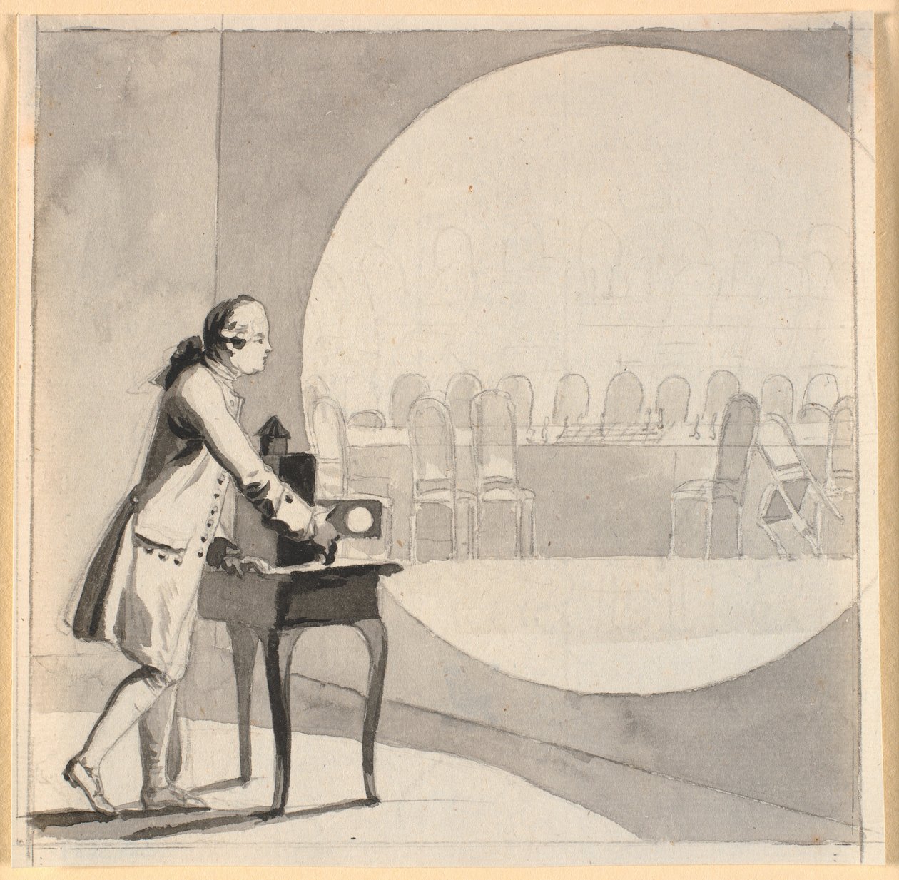 Ein Mann mit einer Laterna magica zeigt ein Bild des leeren Staatsratszimmers von Nicolai Abildgaard