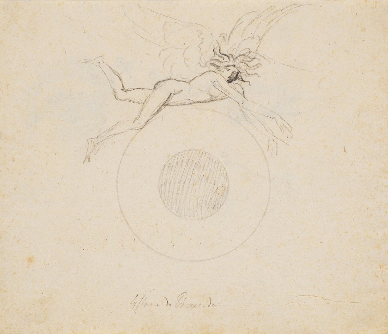 Ein geflügeltes Genie, schwebend über einer Kugel, angedeutet mit ein paar Kreisbögen von Nicolai Abildgaard