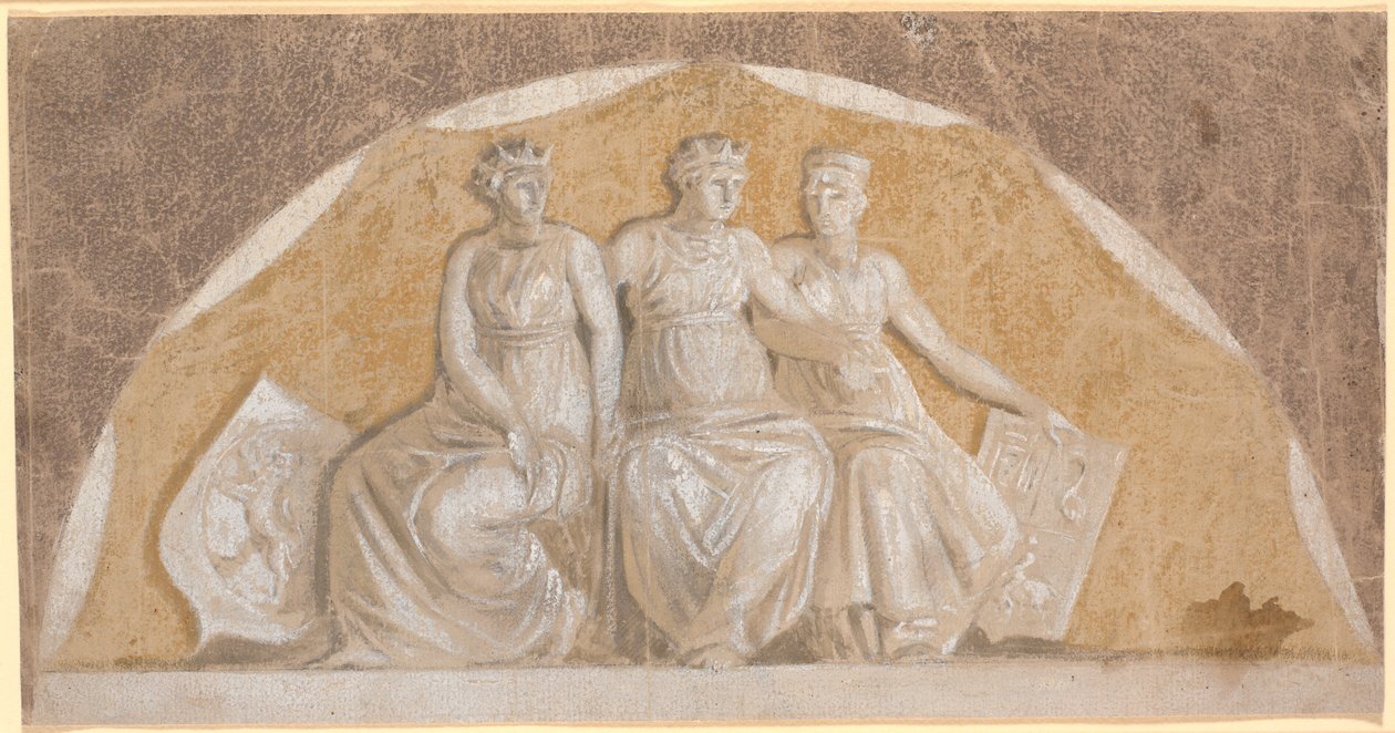 Halbrundes Feld mit drei runden Frauenfiguren, die beiden äußeren mit Schilden, die Norwegen und norddeutsche Länder darstellen (Stormarn und Ditmarschen?). Die mittlere symbolisiert vermutlich Dänemark von Nicolai Abildgaard