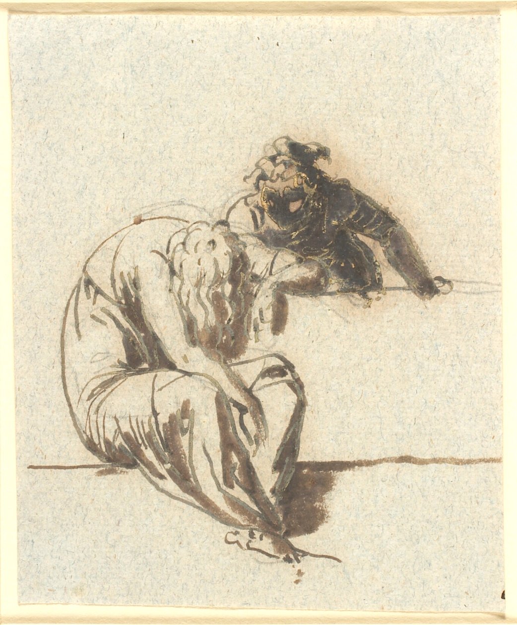 Im Vordergrund eine sitzende, gebeugte Frauenfigur, hinter einer Brüstung lehnt sich eine andere zu ihr vor von Nicolai Abildgaard