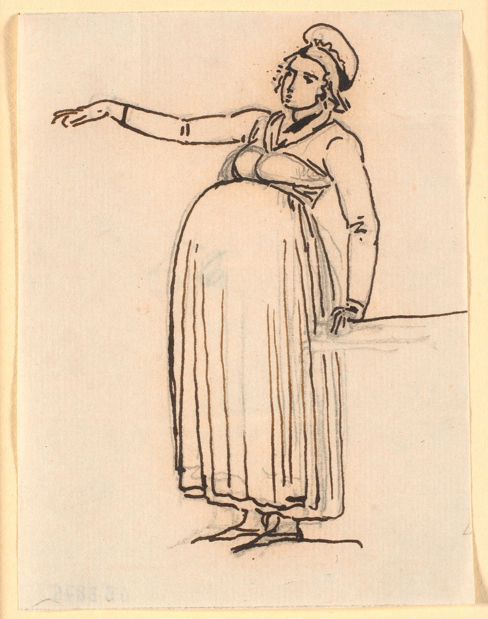 Karikatur einer schwangeren Frau mit ausgestrecktem rechten Arm von Nicolai Abildgaard