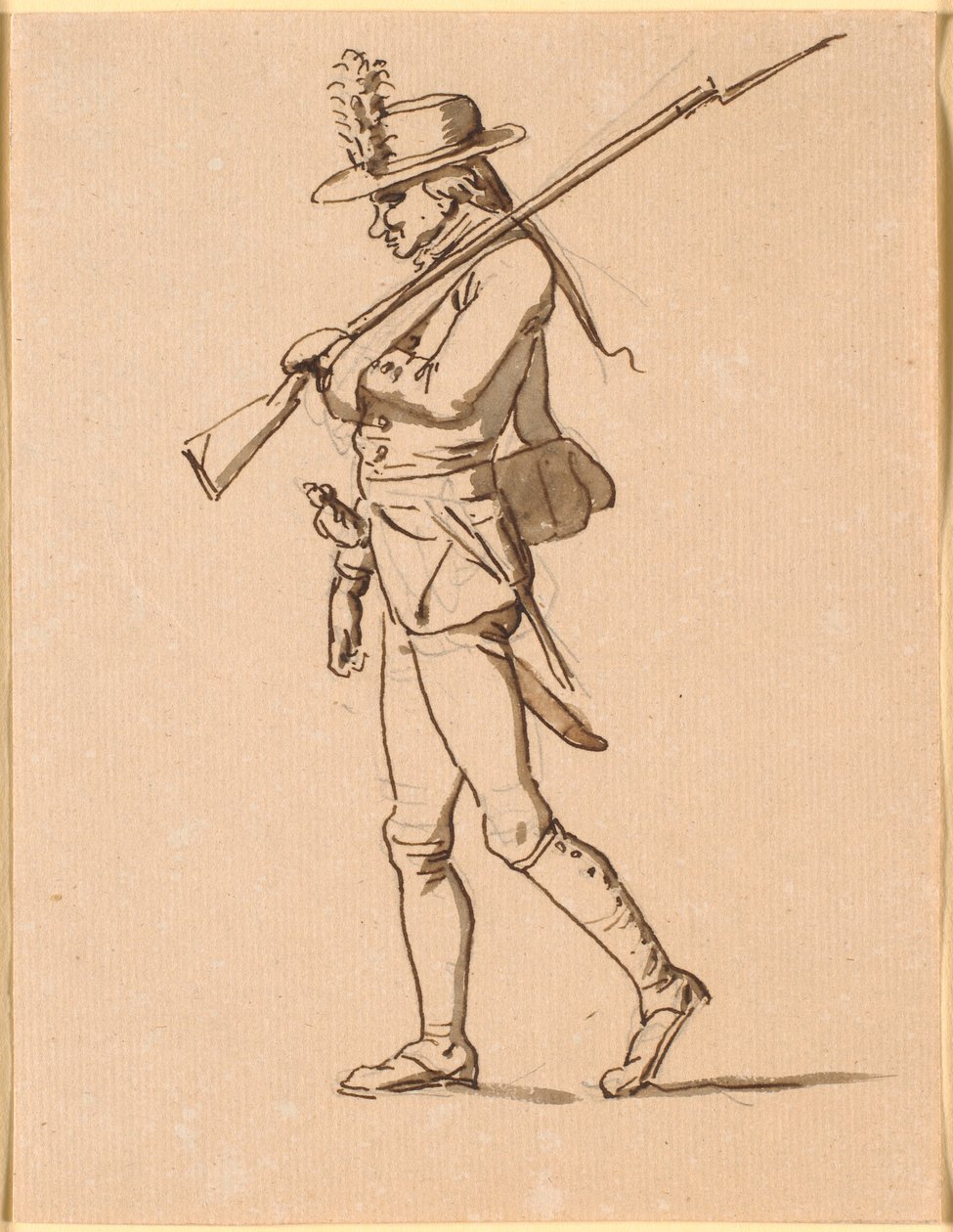 Karikatur eines Soldaten im Profil nach links. Sein linker Arm ist verbunden, trägt aber dennoch ein Gewehr. von Nicolai Abildgaard