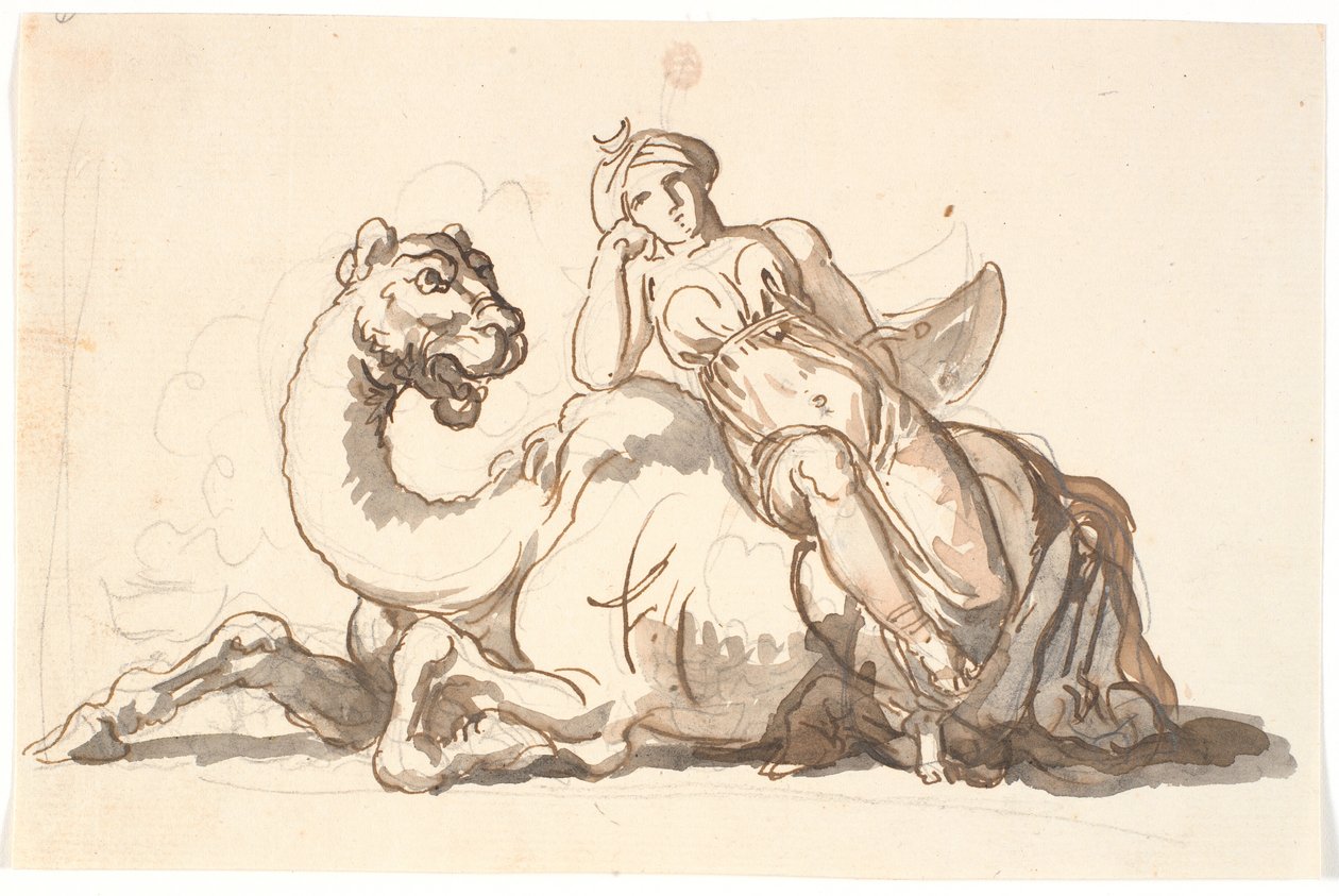 Frauenfigur mit Turban und Halbmond, sitzend an ein fantastisches Kamel gelehnt. Allegorie auf Asien von Nicolai Abildgaard