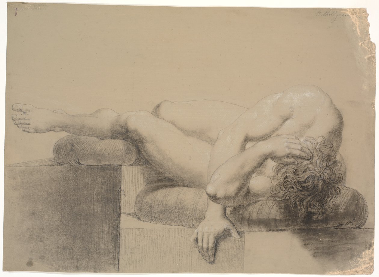Liegendes Modell. Nach links. Kopf und Oberkörper ruhen auf einem Kissen, Beine angehoben und linkes Bein auf einem anderen Kissen ruhend von Nicolai Abildgaard
