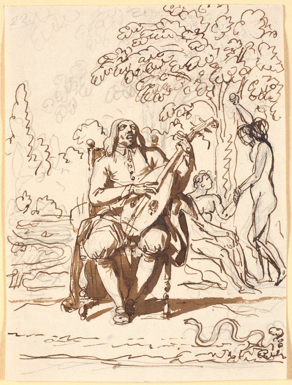 Milton, sitzend mit einer Laute, en face, im Hintergrund der Sündenfall von Nicolai Abildgaard