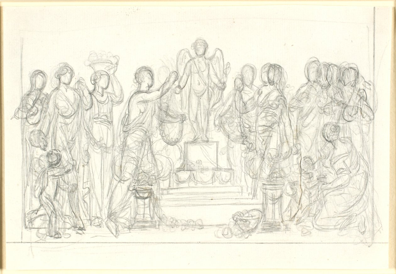 Opfergabe an Amor. Der geflügelte Amor auf einem Sockel, umgeben von zahlreichen Figuren von Nicolai Abildgaard
