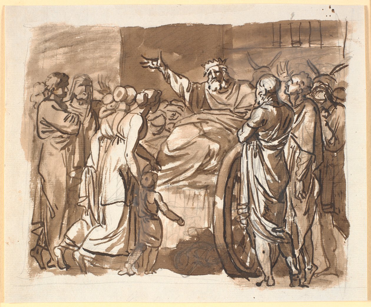 Peisistratos beklagt sich bei den Athenern über den Überfall, von dem er sagt, dass er das Ziel war. Er sitzt auf einem eselsgezogenen Karren, umgeben von zahlreichen Menschen von Nicolai Abildgaard