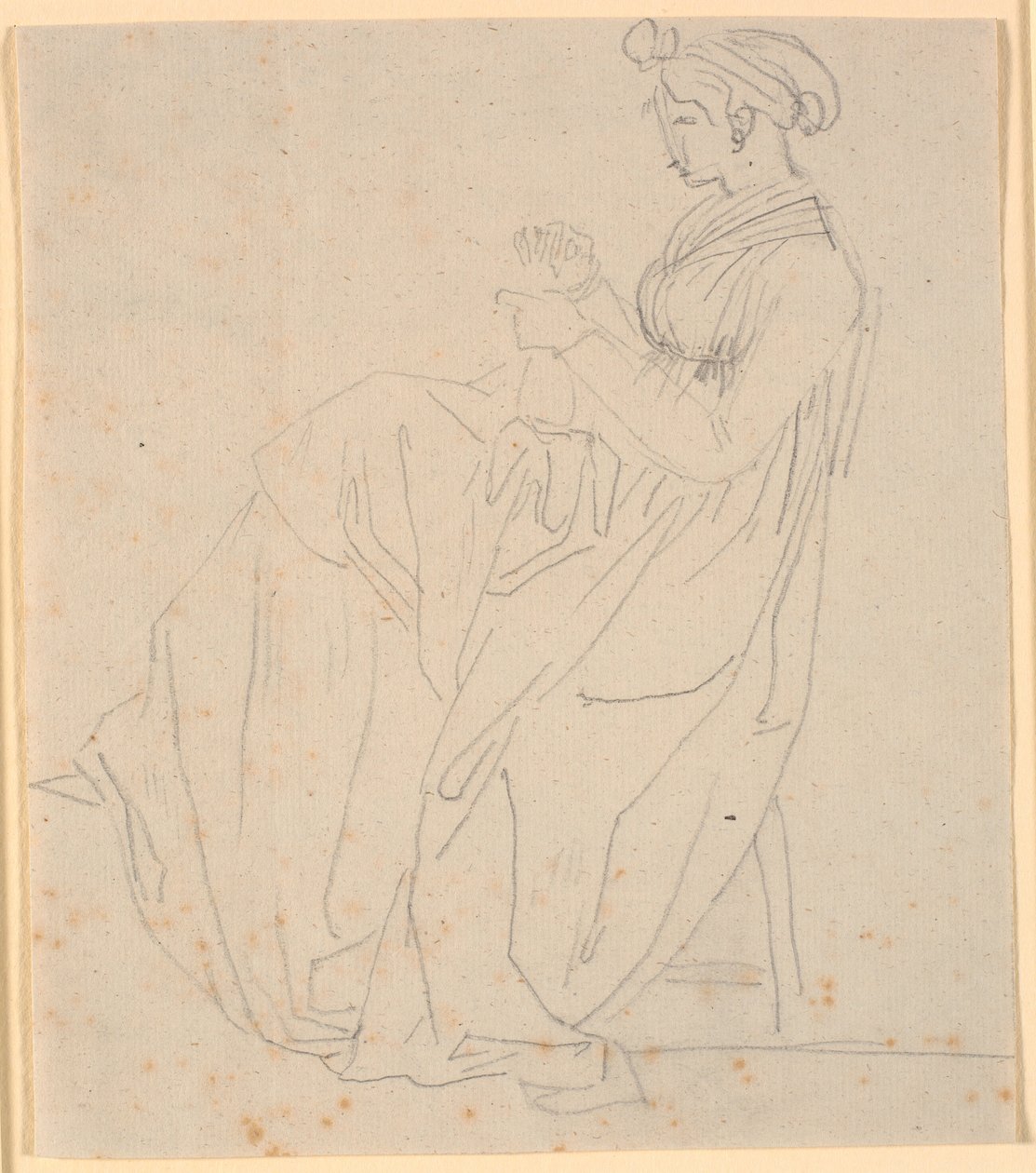 Profilbild der zweiten Frau des Künstlers Juliane Marie Abildgaard geb. Ottesen, sitzend mit Nähzeug, ganze Figur von Nicolai Abildgaard