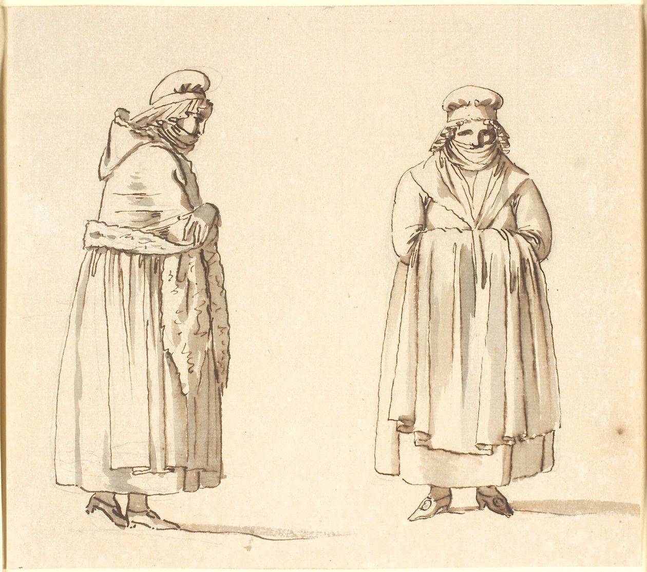 Zwei Bäuerinnen mit Tüchern vor dem Mund, eine im Profil, die andere von vorne von Nicolai Abildgaard
