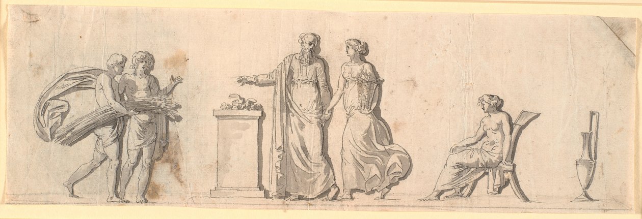 Entwurf für eine Dekoration eines Feldes, vermutlich eine bemalte Holzplatte auf einem Möbel. Antike Figuren mit Blumenkörben und Garben an einem Altar von Nicolai Abildgaard
