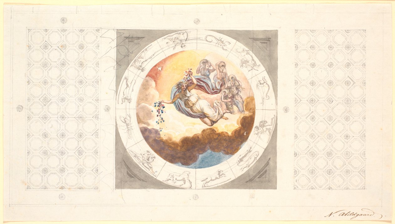 Entwurf für eine Deckendekoration mit Kassetten und in der Mitte ein kreisrundes Bild mit dem Morgen, der Blumen verstreut von Nicolai Abildgaard