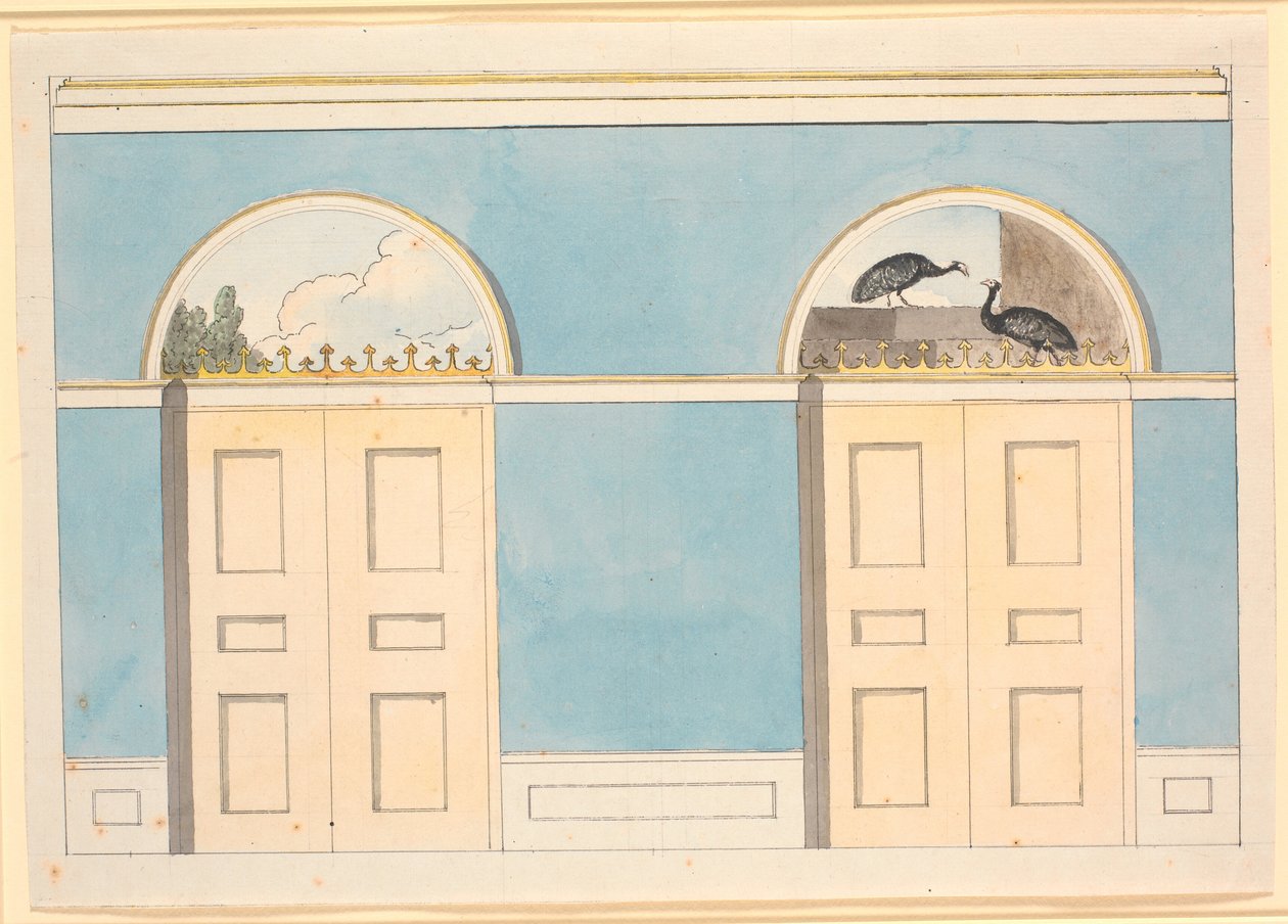 Entwurf für Wanddekoration mit halbrunden Feldern über zwei Türen, auf blauen Wänden von Nicolai Abildgaard
