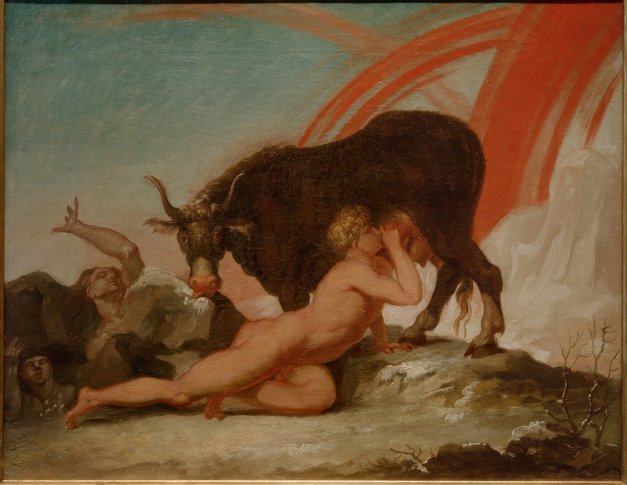 Ymir wird von der Kuh Audhumbla gesäugt von Nicolai Abraham Abildgaard