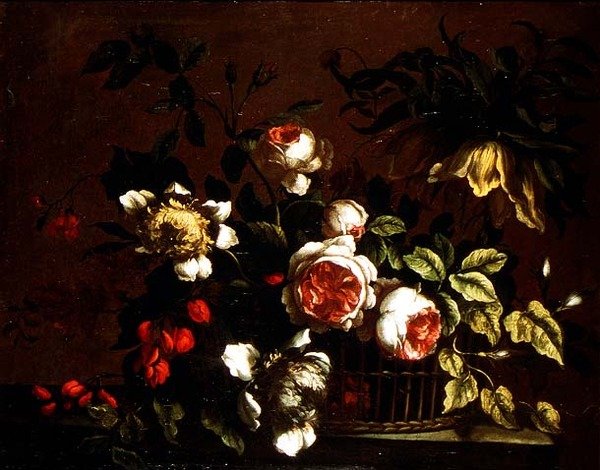 Rosen, Pfingstrosen und andere Blumen auf einer Kante von Nicolas (circle of) Baudesson