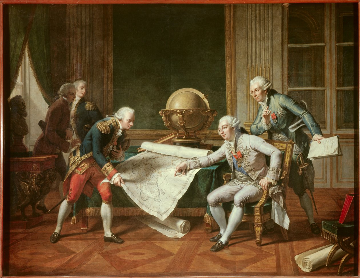 Der König von Frankreich Ludwig XVI. (1754-1793) gibt Anweisungen an Kapitän Jean-Francois Galaup, Graf von La Perouse von Nicolas Andre Monsiau