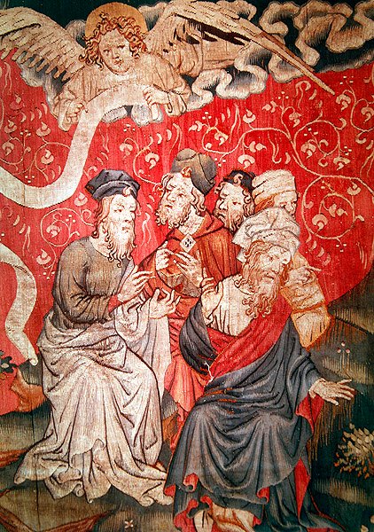 Detail des Engels, der das Evangelium zu den Menschen bringt, Nr. 49 aus der Apokalypse von Angers von Nicolas Bataille
