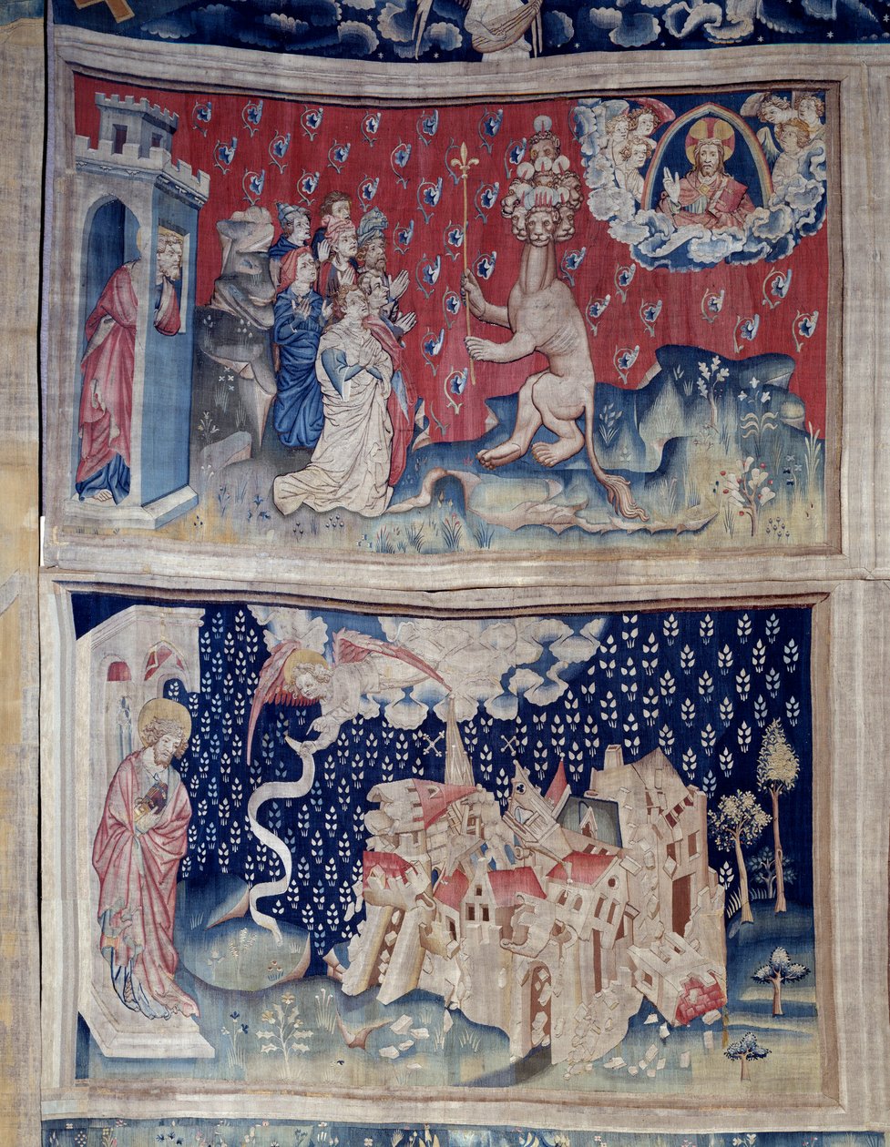 Wandteppich der Offenbarung (1373-1383), Nr. 42: Anbetung des Tieres. Nr. 49: Der Fall Babylons. Tapisserie von Nicolas Bataille von Nicolas Bataille