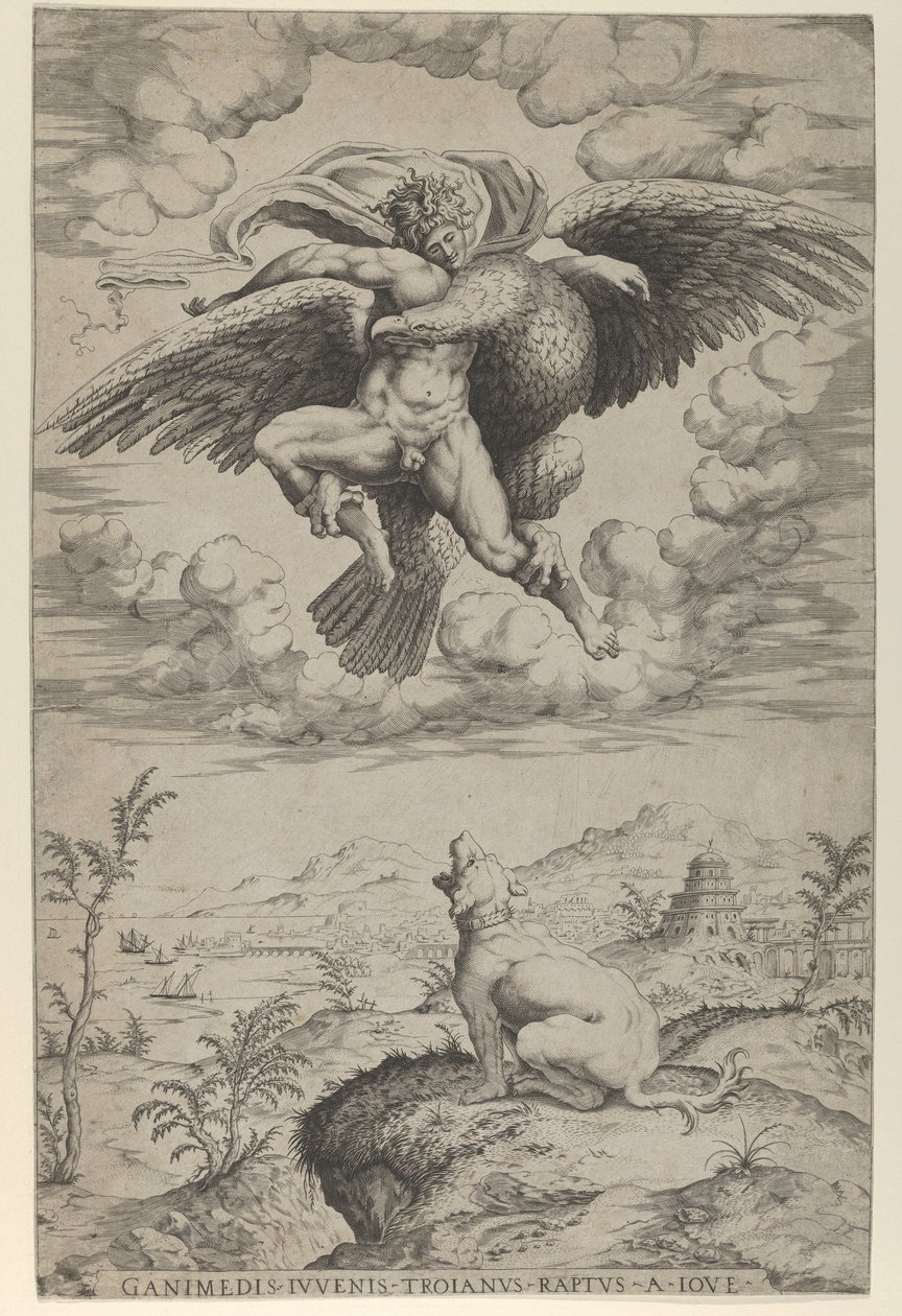 Der Raub des Ganymed durch Jupiter in Gestalt eines Adlers, der ihn in den Himmel trägt von Nicolas Beatrizet