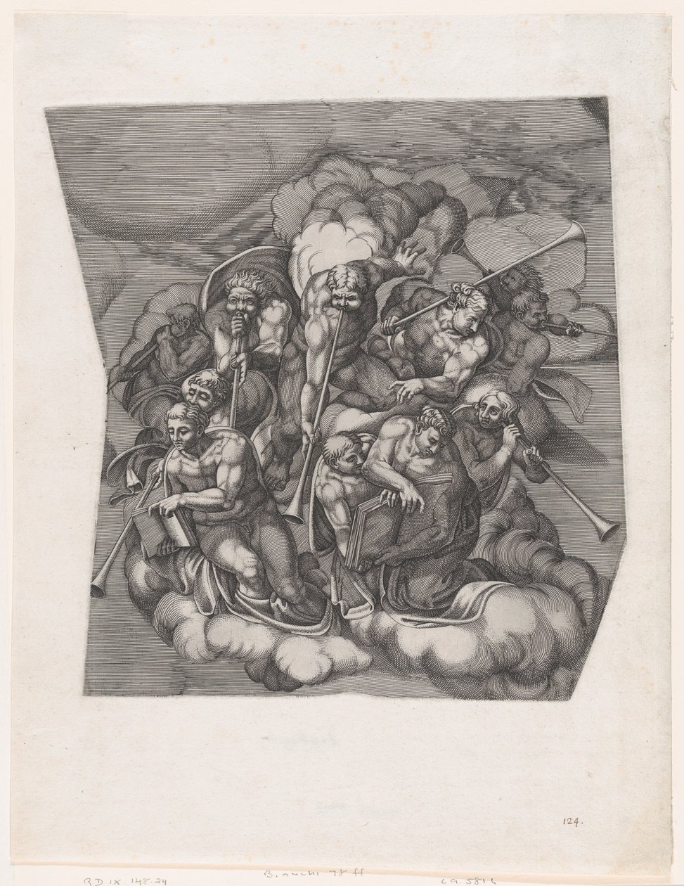 Trompetende Engel aus dem Jüngsten Gericht, nach Michelangelo von Nicolas Beatrizet