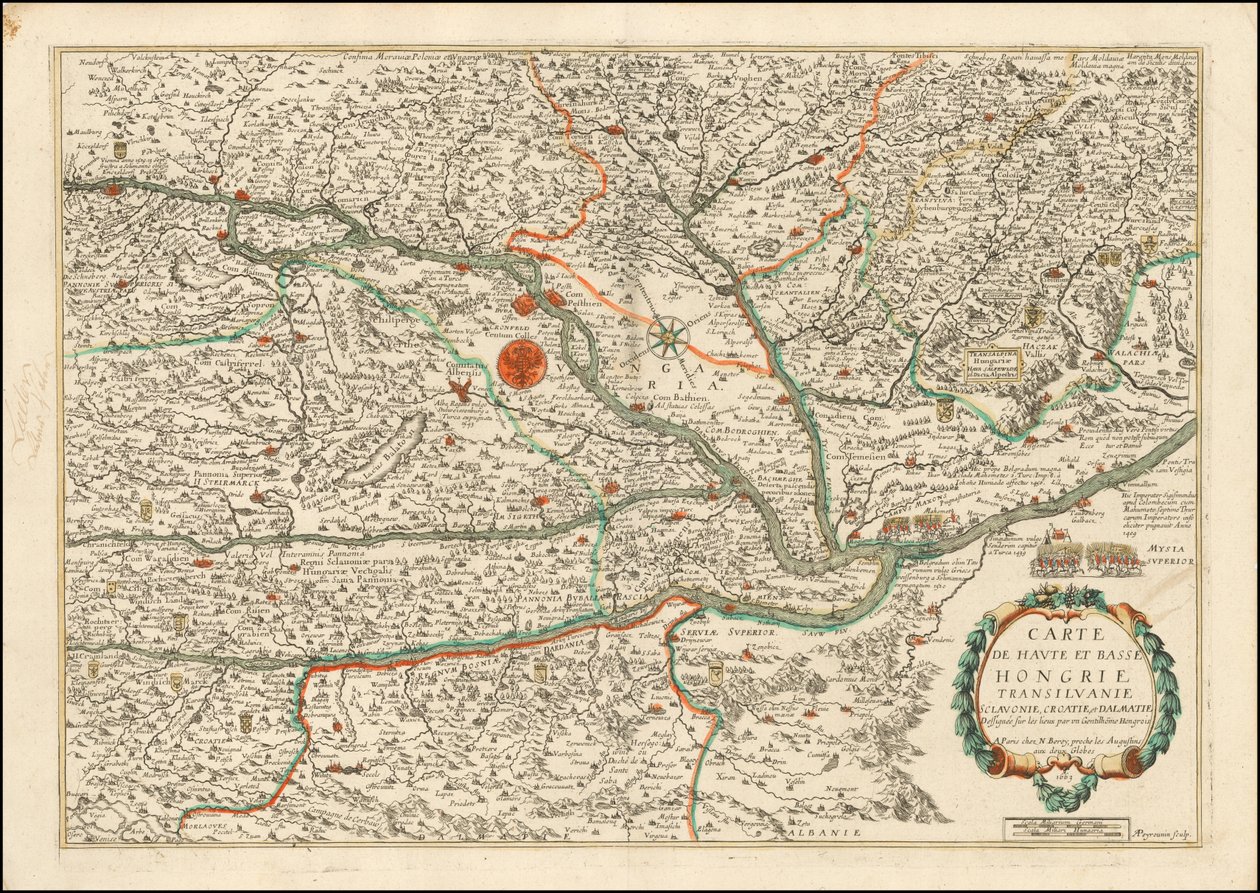 Karte von Ober- und Niederungarn, Transsilvanien, Slowenien, Kroatien und Dalmatien, veröffentlicht von Nicolas Berey, 1663 von Nicolas Berey