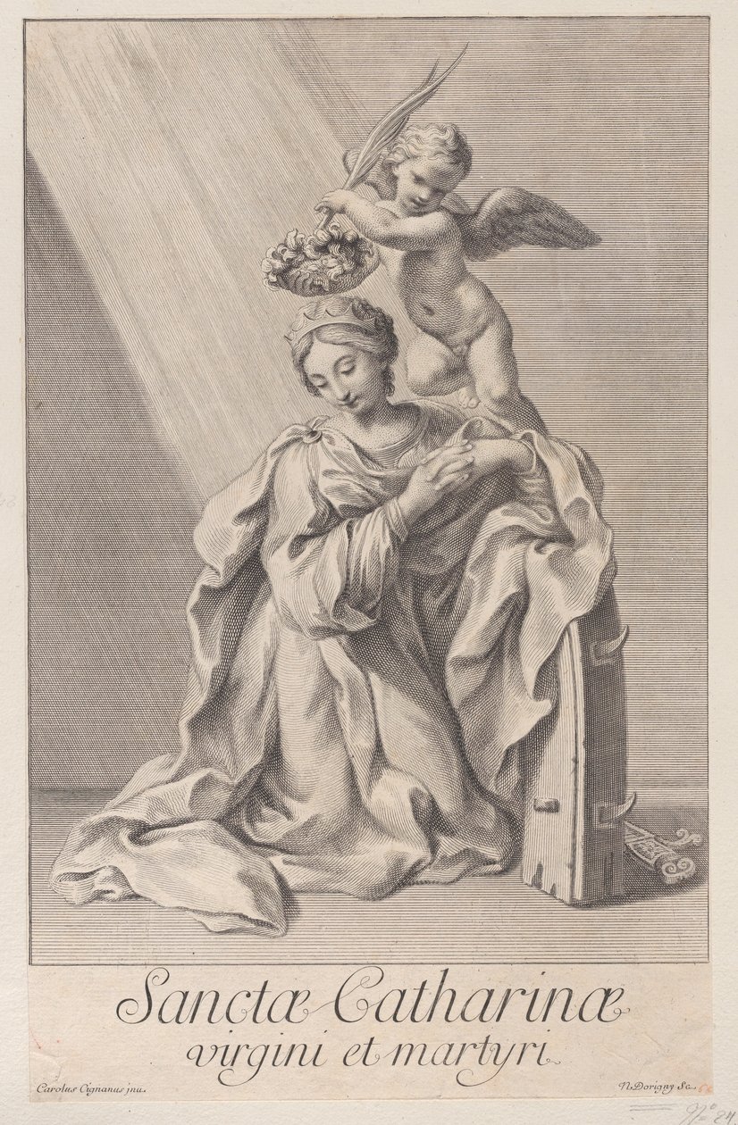 Die heilige Katharina von Alexandria, kniend mit ihrem Ellbogen auf dem Stachelrad ruhend von Nicolas Dorigny