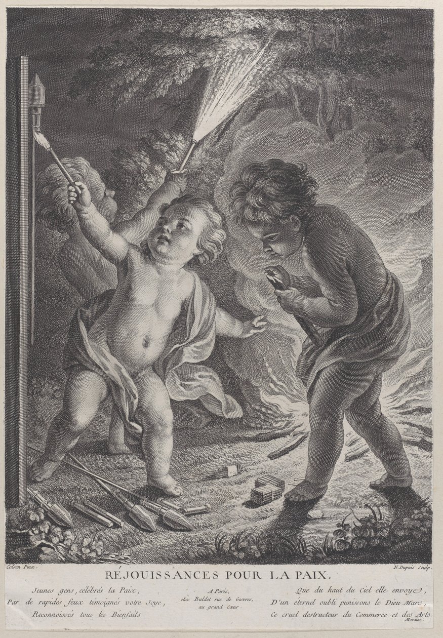 Feier des Friedens, drei Putti mit Feuerwerk, 1745-71 von Nicolas Gabriel Dupuis