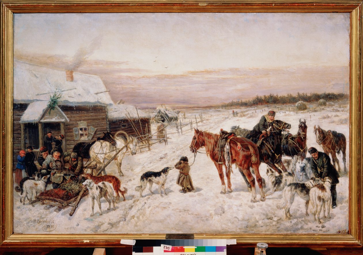 Vor einer Taverne im Winter von Nicolas Gregorovitch Svertschkoff