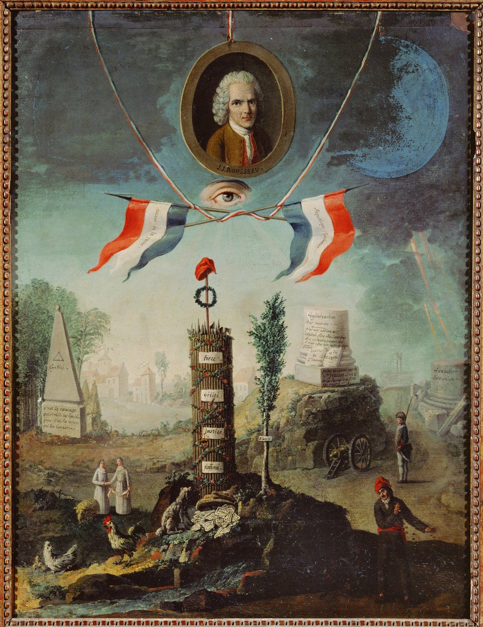 Allegorie der Französischen Revolution mit einem Porträt von Jean-Jacques Rousseau und einer jakobinischen phrygischen Mütze von Nicolas Henri Jeaurat de Bertry