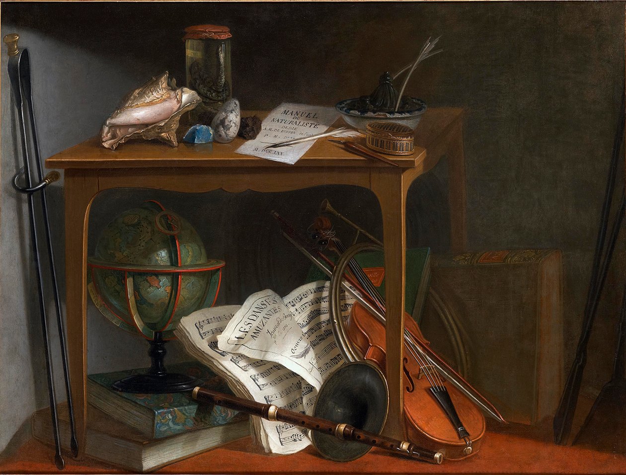 Einer von einem Paar Devants de Cheminée: Naturalistenhandbuch und Objekte auf einem Tisch von Nicolas Henri Jeaurat de Bertry