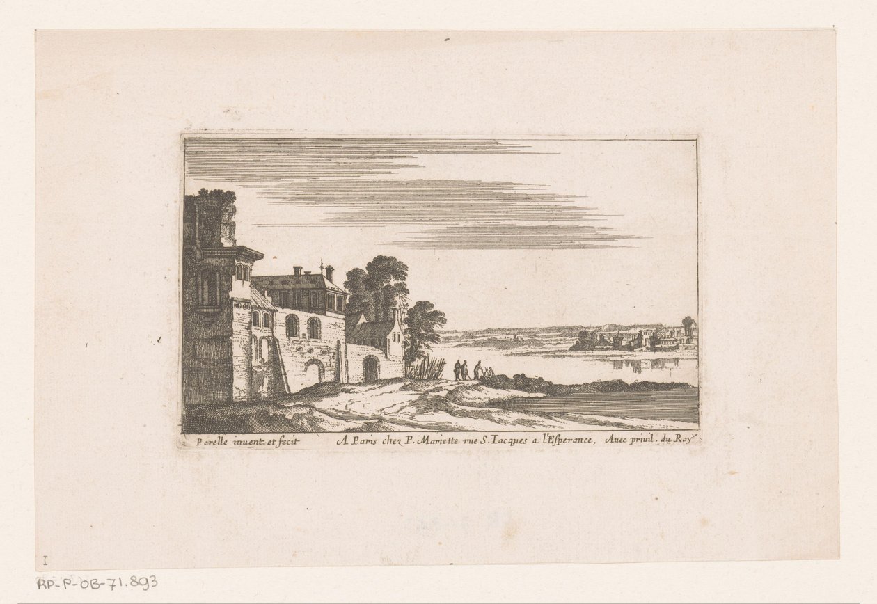 Landschaft mit Gebäuden am Fluss von Nicolas Perelle