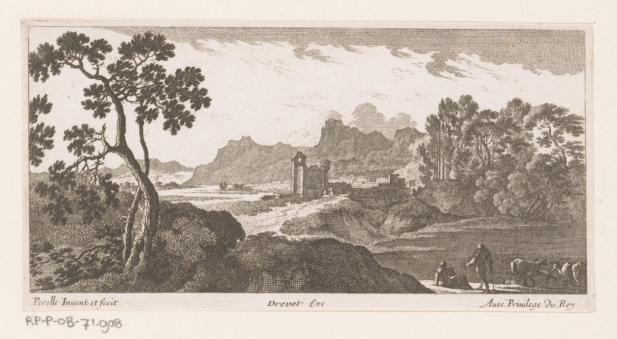 Landschaft mit Hirten bei trinkenden Kühen von Nicolas Perelle